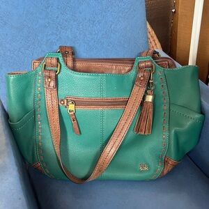 The Sak Green Leather Tote with Brown Trim and Tassel